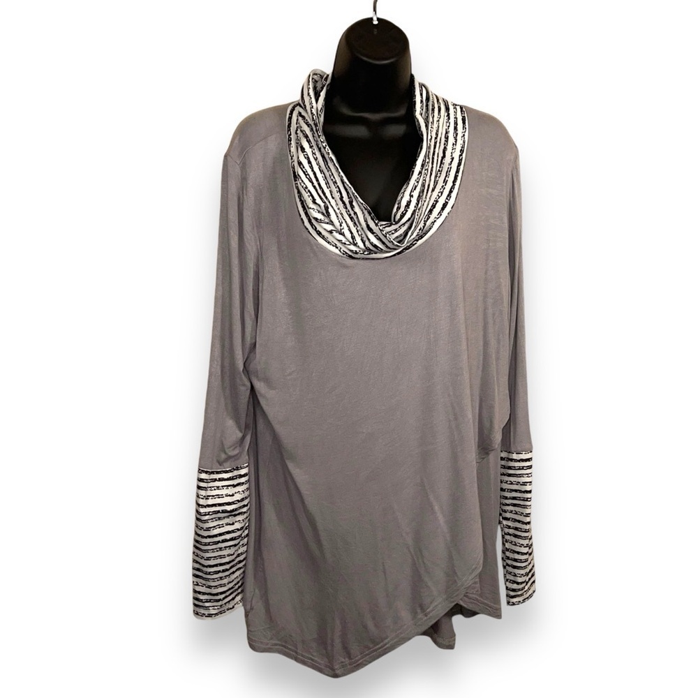 XL GREY COWL NECK TOP LONG SLEEVE TOP STRIPED ACCENT STRETCH